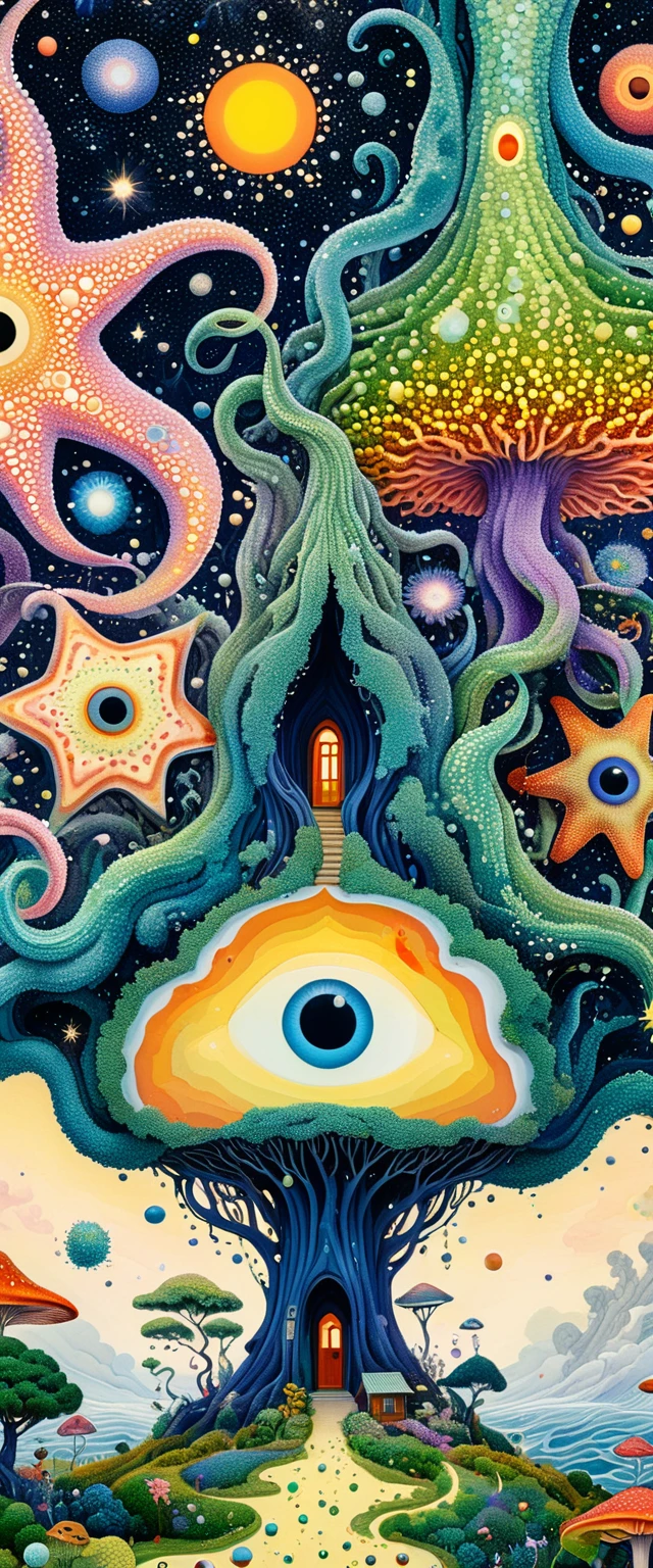 Strong visual fusion of multiple elements,Broto,来自Star的艺术家,house:1.37、Eye、Star、cloud、Spore powder、Tentacles,Describing the inner world of autistic people,密集Pointillism method。Smooth lines。Strange illustration。Pointillism method。Strong contrast。Award-winning works。