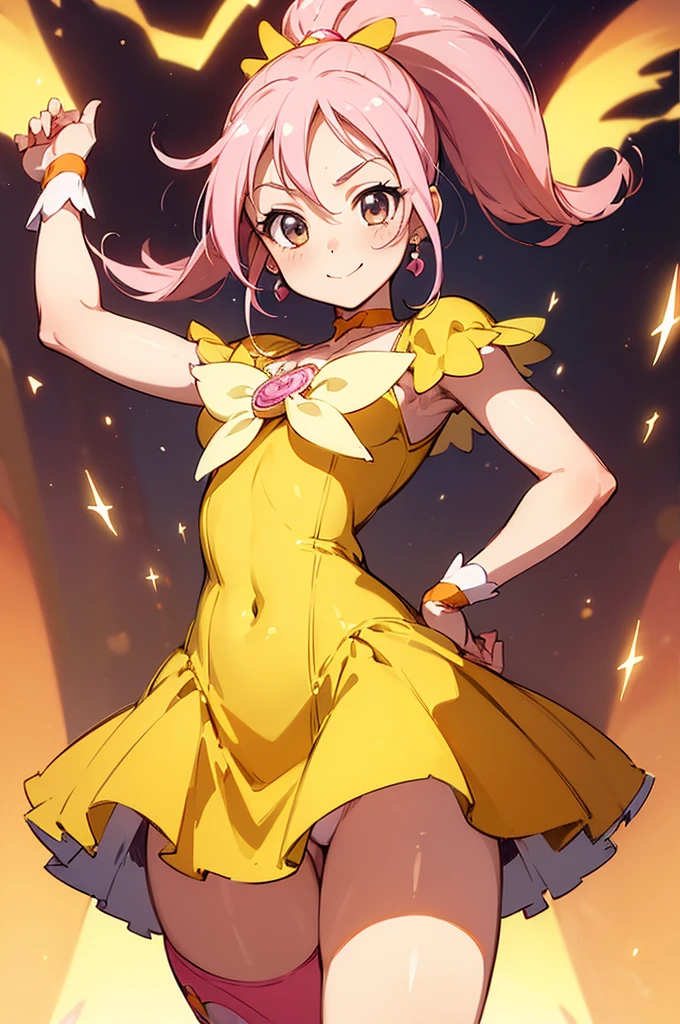 (((CurePeace from Smile Pretty Cure,NSFW,Cowboy Shot,Frontal shot))),(((Her attire designed to show her crotch,Costumes that show the skin of the thighs,Her crotch is visible))),(Yellow Magical Girl Costume)+++,Solo,Standing,{{{{{{masutepiece,Anime}}}}}},((((High Detail Face)))),{{{{Best Quality}}}},{{all intricate}},Perfect composition, 8K, High quality, Sharp Focus,digital anime art,