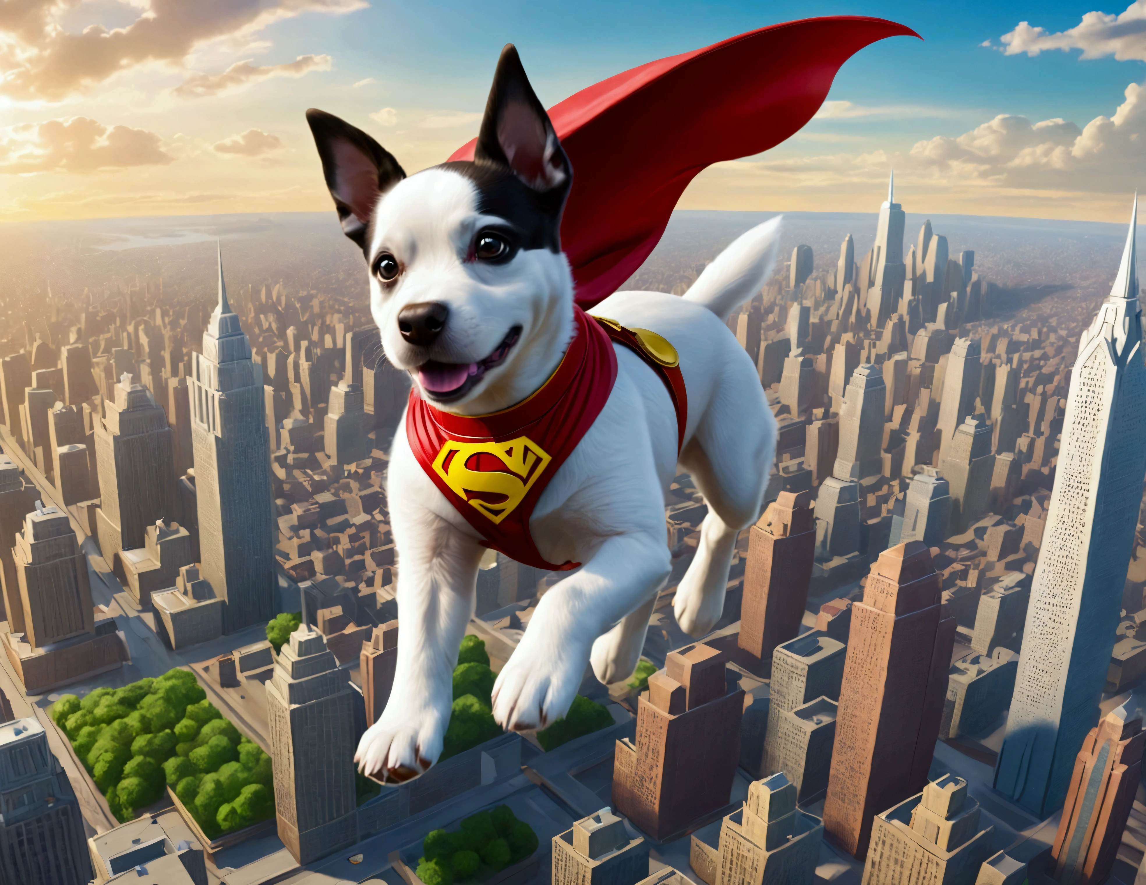krypto the super puppy, happily flying over Metropolis looking for criminals to bring to justice