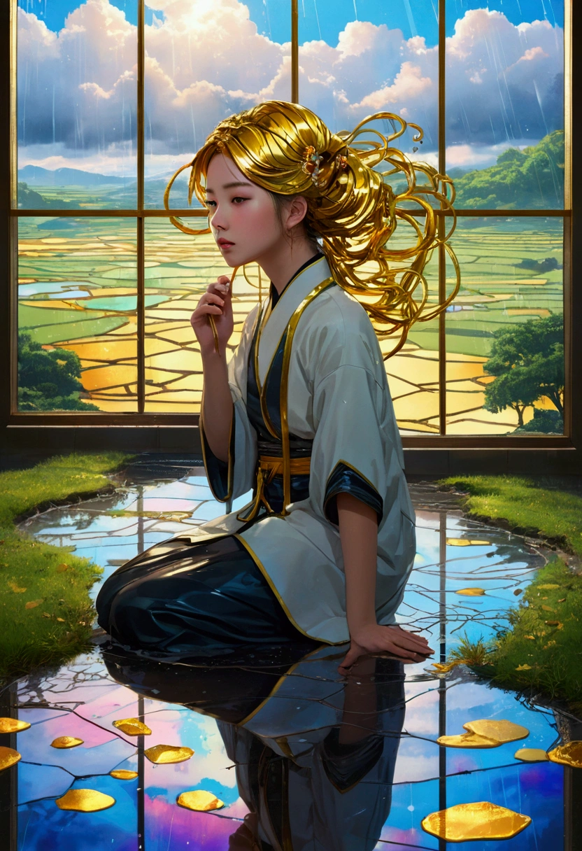 Concept Art, No humans, puddle, countryside, rain, cloudy,(masterpiece, Highest quality, Highest quality,Official Art, beautifully、Super Gold Hairstyle、aesthetic:1.2),(One girl:1.3), One girl BREAK stained glass art, Colored Glass, Lead wire, Light transmission BREAK Vivid colors, Intricate Design, Glowing effect, Spiritual atmosphere、Background abstract Japanese style
