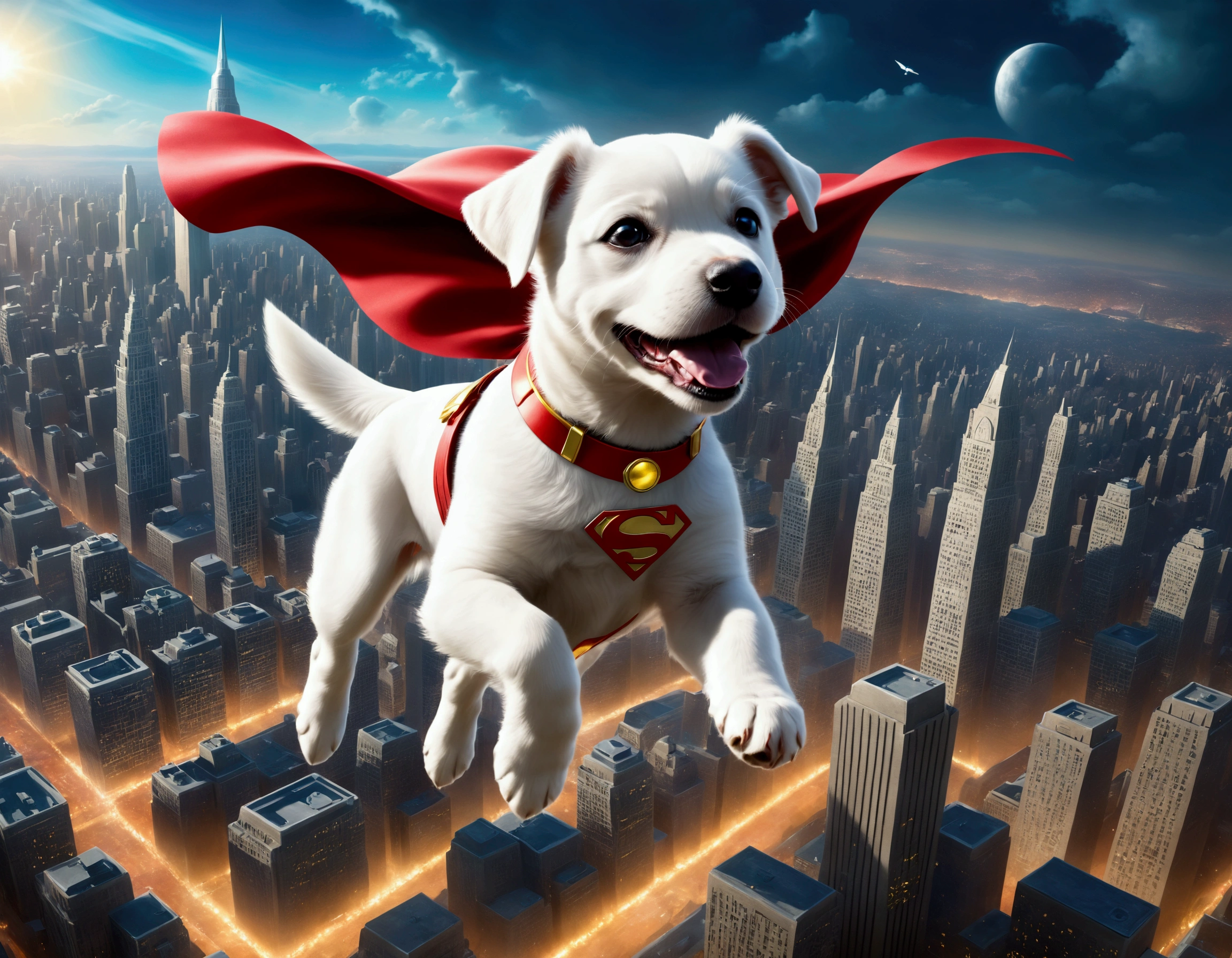 krypto the super puppy, happily flying over Metropolis looking for criminals to bring to justice