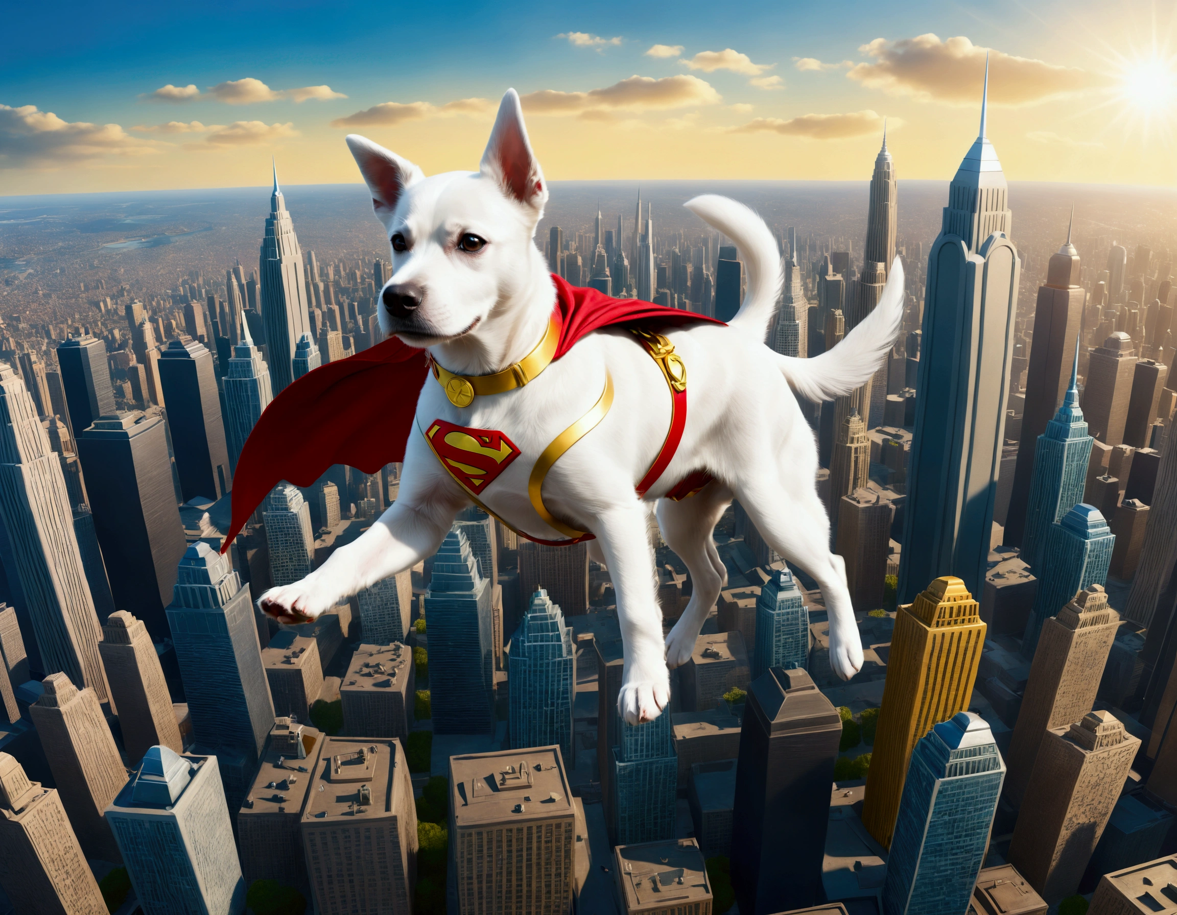 krypto the super puppy, happily flying over Metropolis looking for criminals to bring to justice