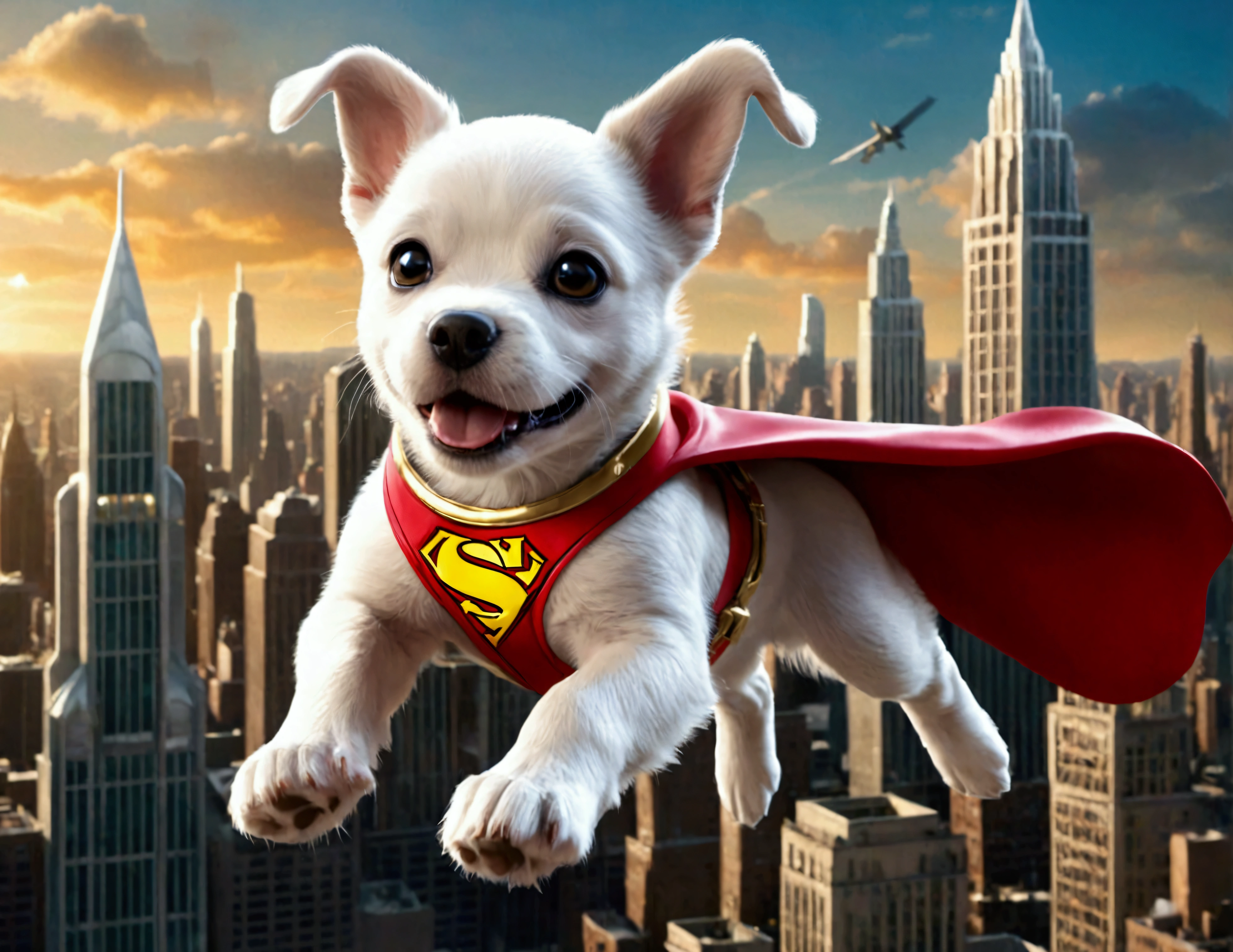 krypto the super puppy, happily flying over Metropolis looking for criminals to bring to justice, intricate detailed 3D rendering, photorealistic, high quality, cinematic lighting, vibrant colors, dynamic action pose, cityscape background, crisp focus, volumetric lighting, dramatic camera angle, heroic expression, muscular build, cute puppy eyes, adorable facial features, wagging tail, vibrant colors, high resolution