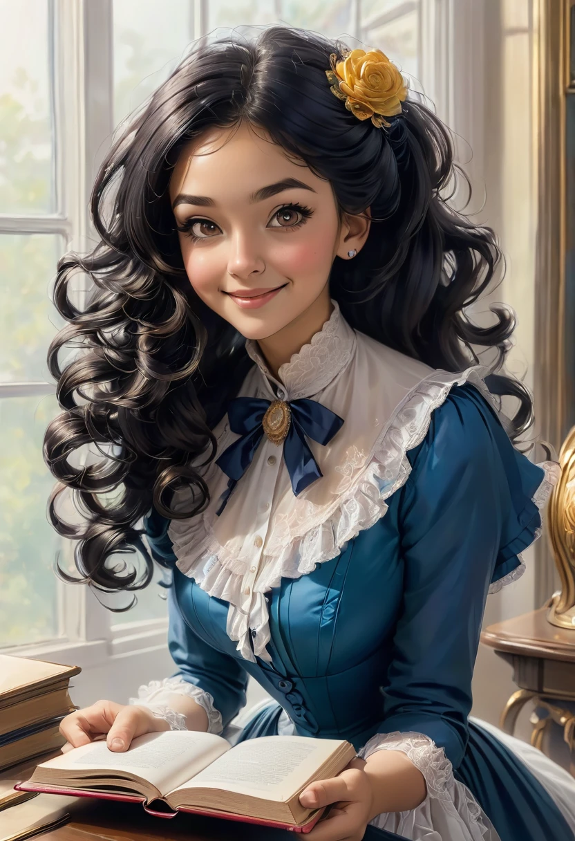 A colored pencil drawing of a pretty smiling happy victorian governess, curly black hair. Kind and inteligent, joyful energy. hair in bun, hat. book of poetry in hand.