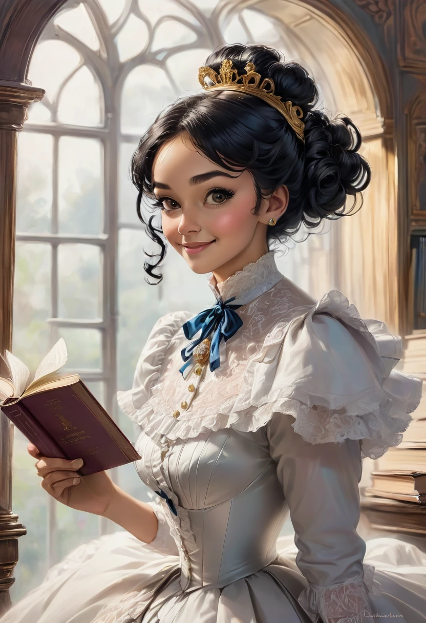 A colored pencil drawing of a pretty smiling happy victorian governess, curly black hair. Kind and inteligent, joyful energy. hair in bun, hat. book of poetry in hand.