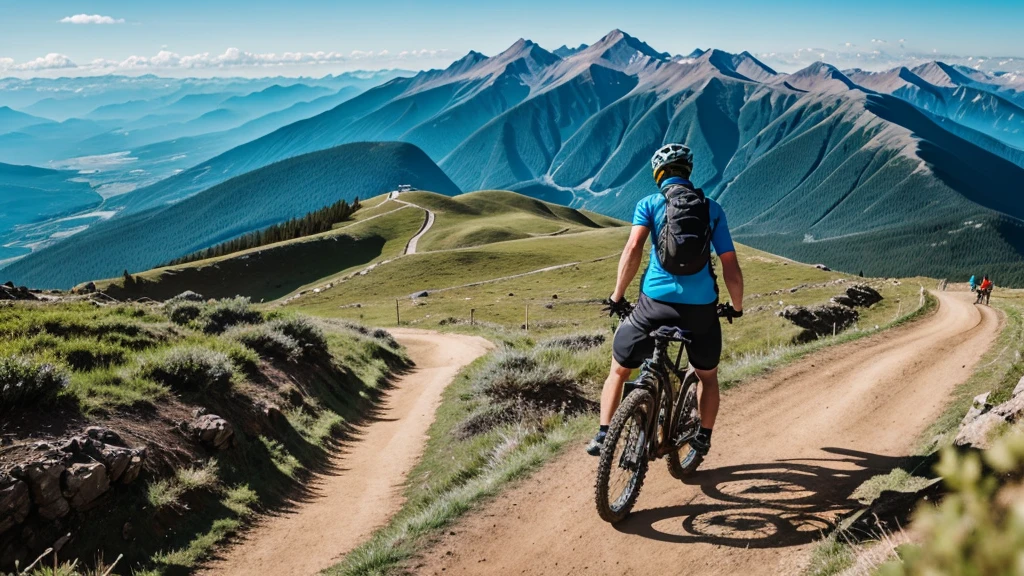 Imagine man at top of mountain watching though his mtb riding