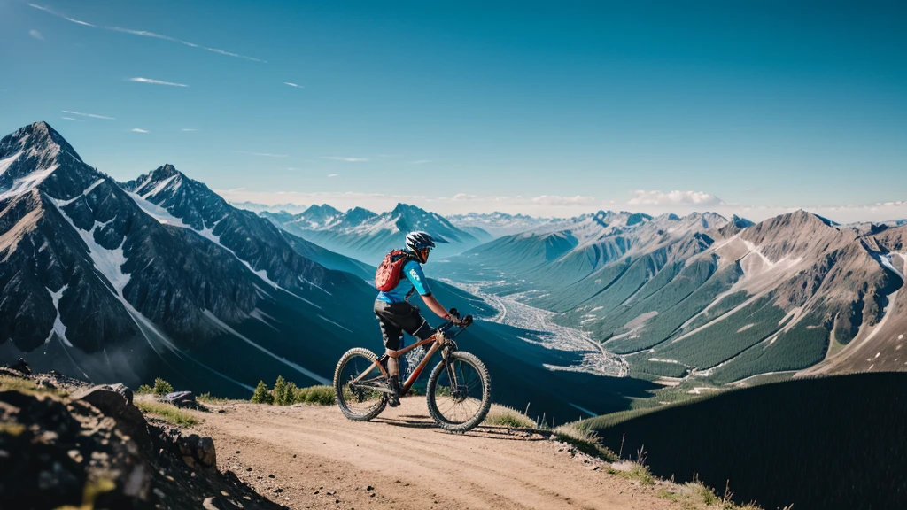 Imagine man at top of mountain watching  though his mtb riding 