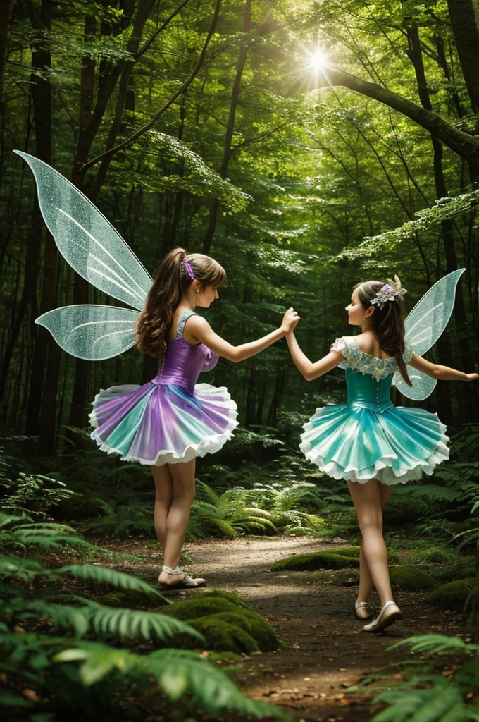 ((2 faeries girls, gorgeous, large firm push up breasts, faeries bra and dresses, neckline, 20 years old)), in bioluminescent forest plants,fabulous night forest,magical radiance,Concept art,depth of field,Raw photo,realistic,cinematic lighting,soft shadows,sharp focus,fractal,colorful,depth of field,best quality,16k resolution,vivid colors,volumetric lighting, little lake with luminescent effects, little faeries girl, (((the most beautiful cute girl faces in the world)))