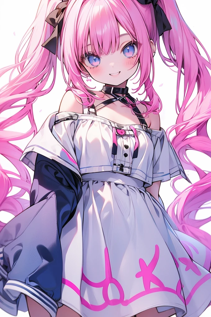 Highest quality,smile,girl,cute,Twin tails,Pink Hair,blue eyes,White background,White off-shoulder top,mini skirt,