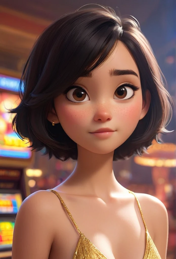 (disney pixar style:1.2) (Cute adorable girl:1.15) (20 year old adult:1.15)  Bblack hair ,short hair to the shoulders ,small breasts , neckleace, Promoter, in a casino , (perfect hands:1.1)  (distant extreme shot, whole body, diminished:1.1) Skinny topless nude with brown eyes, glad 