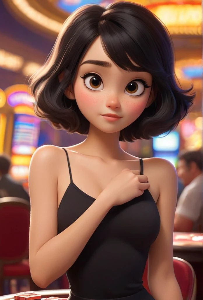 (disney pixar style:1.2) (Cute adorable girl:1.15) (20 year old adult:1.15) Bblack hair ,short hair to the shoulders ,small breasts , neckleace, Promoter, in a casino , (perfect hands:1.1) (distant extreme shot, whole body, diminished:1.1) Skinny topless nude with brown eyes, glad