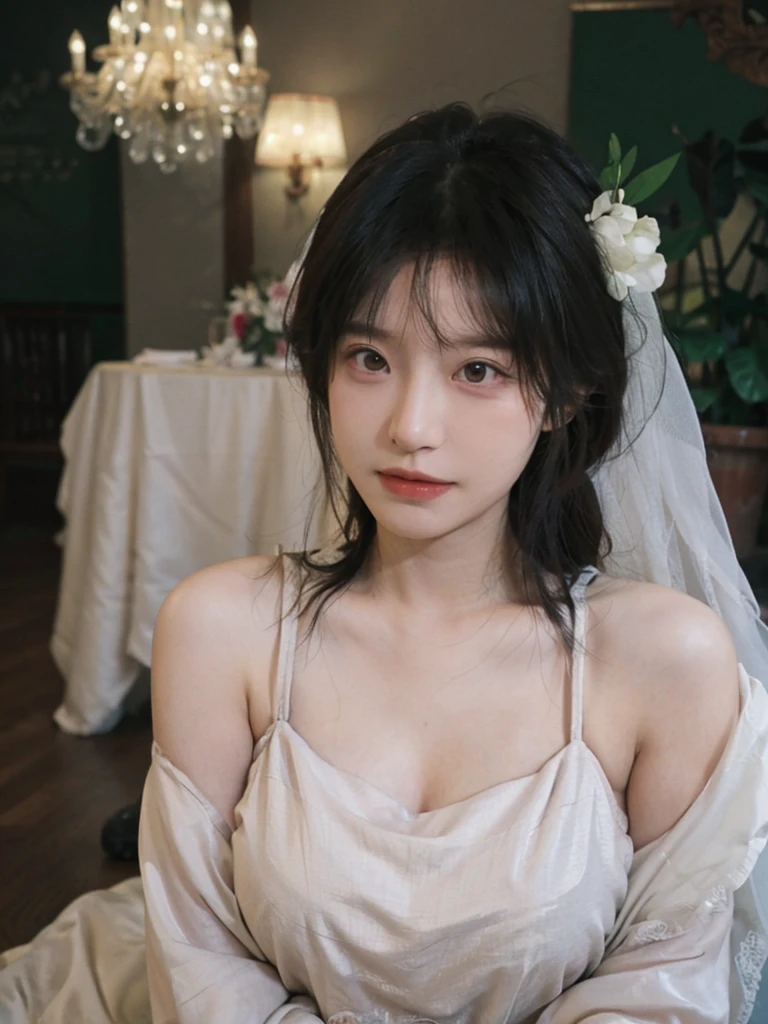 Portrait photography,1 girl,Wedding dress,Wedding dress背景,(whole body:1.4),(Big Breasts:1.4),(Realistic and detailed eyes,Natural skin texture,Realistic facial details),