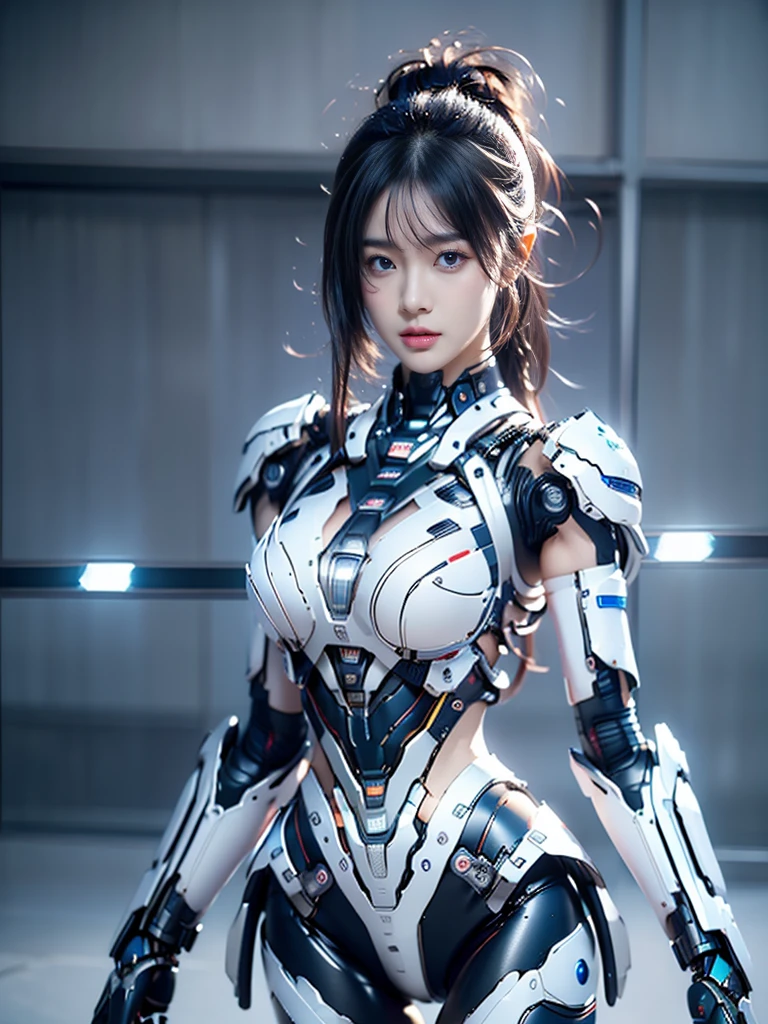best quality, 1080P, Masterpiece, Whole body photo, Ultra high resolution, photorealistic photo, ultra realism, Realistic skin texture, Blue Hair, Extreme skin detail, dslr, Detailed eyes, Facing the camera, Very beautiful face, Firm facial structure, Pale skin, Realistic skin texture, Extreme skin detail, oc render reflection textures, Realistic light and shadow, One picture, alone, The body is slender and balanced.., Age 20, Height 170, สาวbare, bare, no underwear, A girl with the body of a mechanical robot.., Transparent futuristic black glass mech armor., Transparent light blue armor, The mechanical cervix is stuck in the neck.., Flat stomach, Woman with perfect mechanical arms and legs, full body view, Whole body photo,