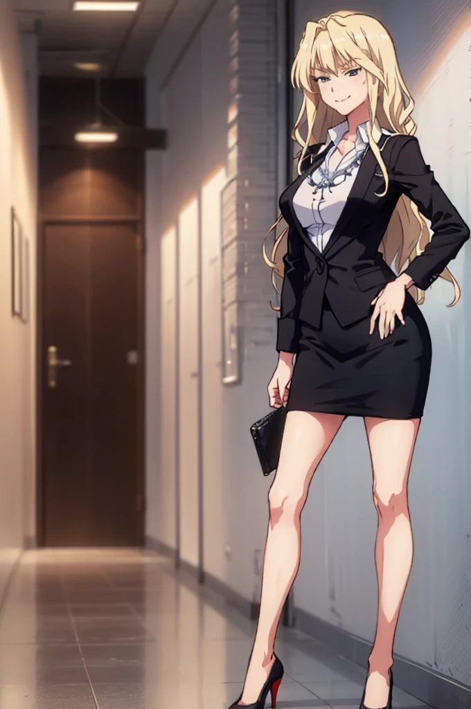 masterpiece, best quality,   yuriajb, necklace, suit, jacket, shirt, pencil skirt, high heels, contrapposto, large breasts, hallway, office, smirk. Con pelo rosado. 