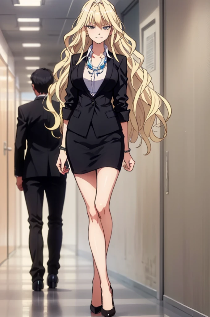 masterpiece, best quality,   yuriajb, necklace, suit, jacket, shirt, pencil skirt, high heels, contrapposto, large breasts, hallway, office, smirk. Con pelo rosado. 