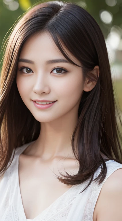 On the table, best quality, number, Very detailed, Finely, high resolution, 8k wallpaper, 完璧なダイナミックな構number、31-year-old beauty、Detailed beautiful face、Detailed beautiful eyes、Rough skin、Small chest smile、Medium straight hair、Summer Women's Fashion、Busy Street、