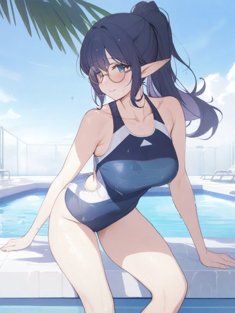 masterpiece, best quality, high quality, beautiful anime character, solo, anime girl with dark blue hair, messy hair, medium length hair, (huge long ponytail, ponytail), blue eyes, elf ears, slightly medium big breasts, (mature female, tall female), big girl, thick, (calming face, blush, light smile, loving eyes), outdoors, (swimsuit, pool swimsuit), slim thick, short medium hair, round glasses, wet, after swim, legs,