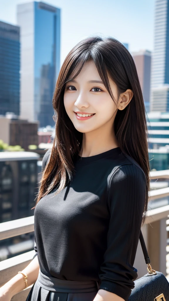 A beautiful, 18-year-old girl, realistic, ultra-detailed, 8K resolution, ray-traced, CG Unity wallpaper, masterpiece, 5'1" height, long straight silky jet black hair with blunt bags, city background, cute blouse and long skirt, Sheng-hai, beautiful smile, ultra realistic, ultra HD, full body, model, beautiful, cute, cute jewelry, minimalist and beauty enhancing makeup, delicate features, housewife,