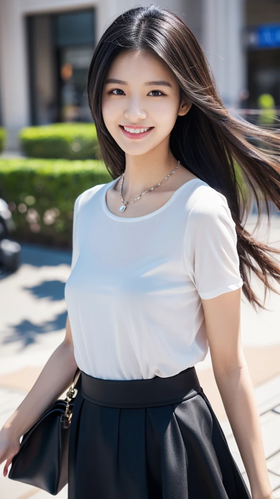 A beautiful, 18-year-old girl, realistic, ultra-detailed, 8K resolution, ray-traced, CG Unity wallpaper, masterpiece, 5'1" height, long straight silky jet black hair with blunt bags, city background, cute blouse and long skirt, Sheng-hai, beautiful smile, ultra realistic, ultra HD, full body, model, beautiful, cute, cute jewelry, minimalist and beauty enhancing makeup, delicate features, housewife,