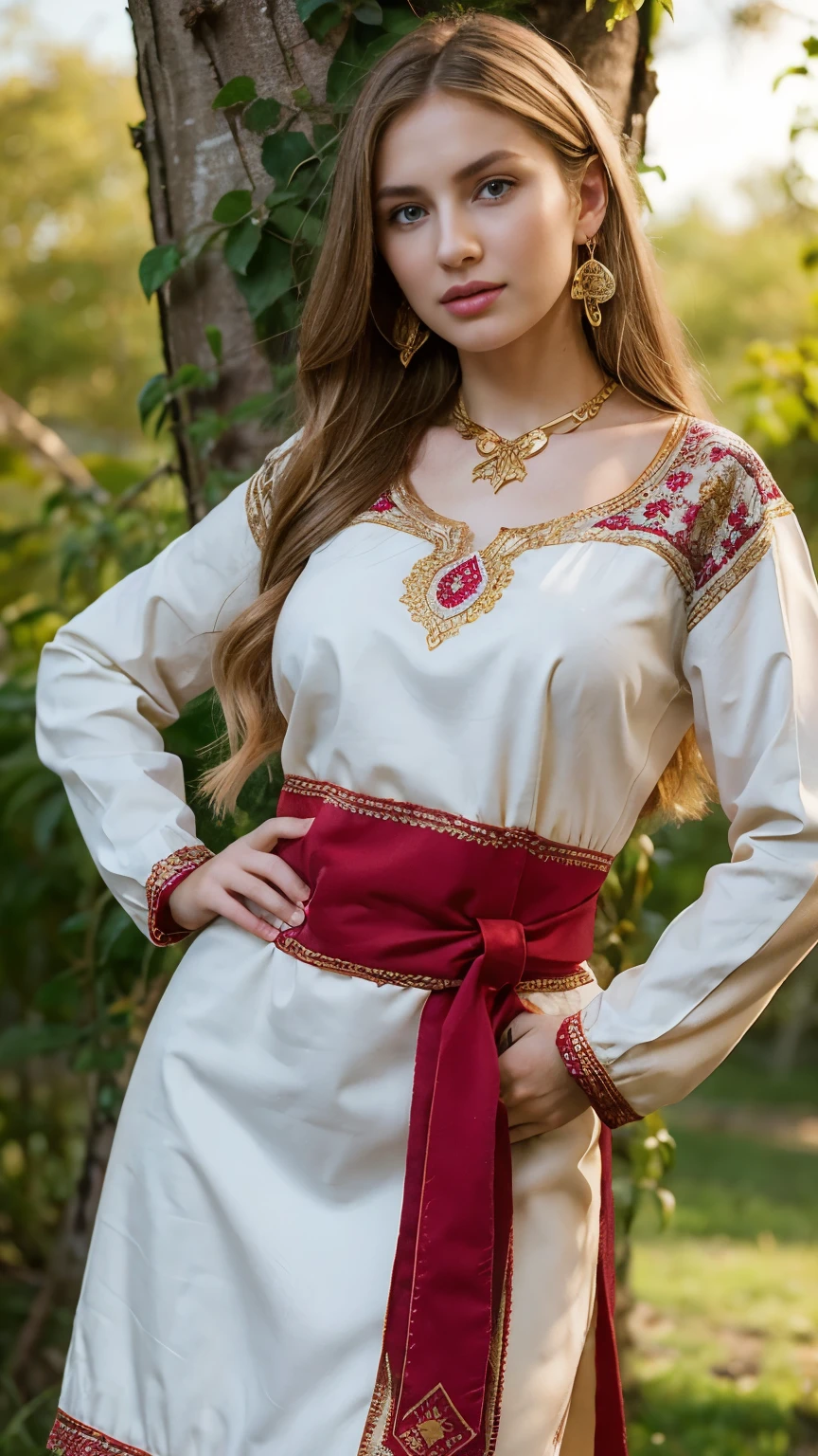 Standing by the golden apple tree, in garden ,Daughter of a Russian noblewoman during the reign of Catherine II, Front view , looking at viewer, Russian girl, 18 age old, (Blond hair, middle hair , wince, Gray eyes, beautiful lip, serious), (gold crescent earrings, gold neckless), (big breasts, slender whist, wide hip) ,(wearing traditional ethnic clothing, including a white and red Sarafan and kokoshnik), textured skin , HI detailed skin, (foreshortening, Canon, 8K, anatomically correct, super detail, high details, highness,