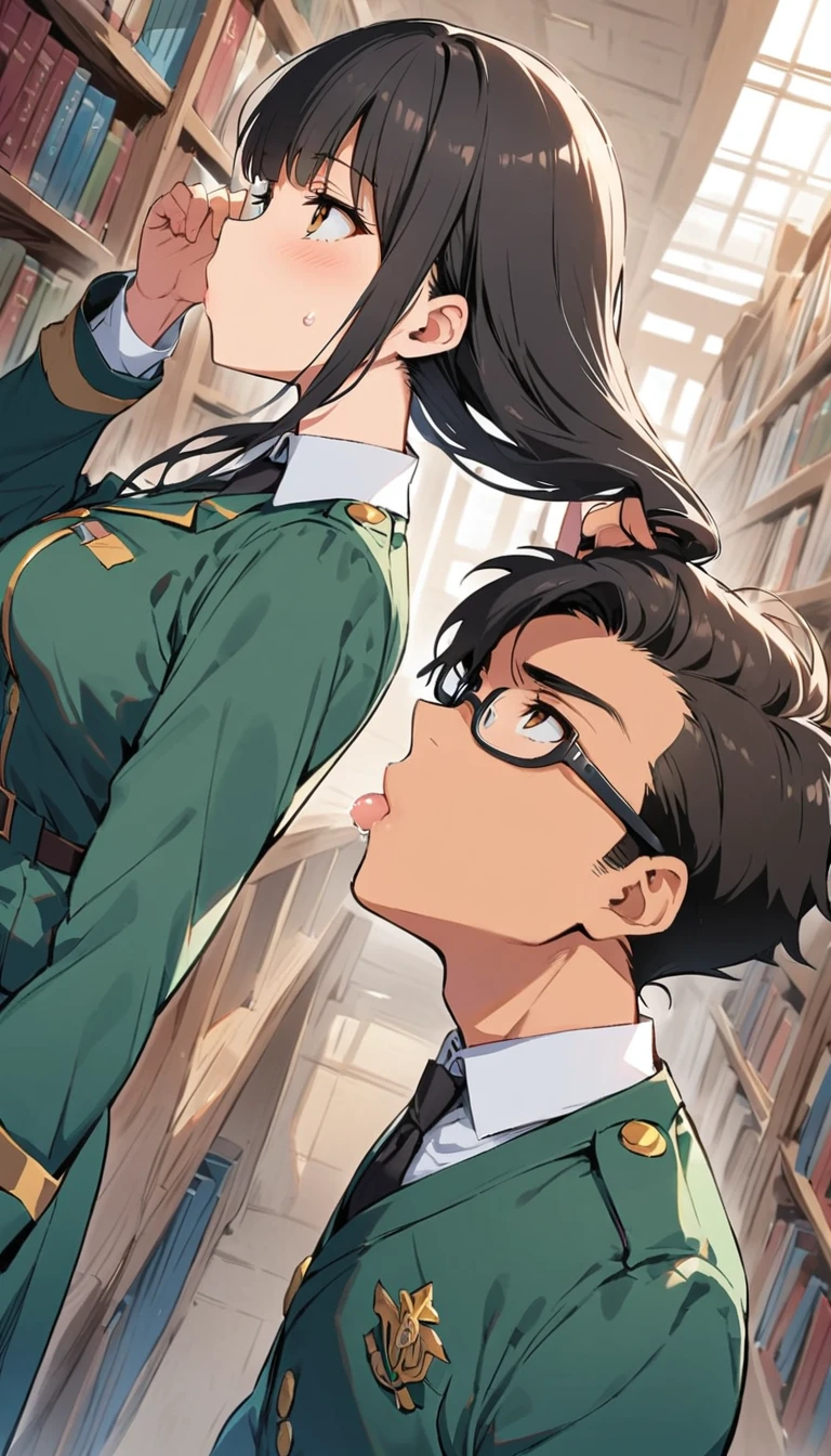 Library: Serious-looking female student(Sucking a man's dick)(Brush your hair back) Black hair, uniform, glasses, looking up