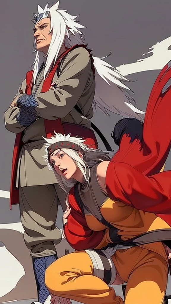 (（（Perfect body,White and tender skin,（（（Wearing a red coat with brown clothes inside, wooden clogs on feet, ninja protective gear on both hands, and a large scroll hanging behind them）））,（（（Jiraiya，Wearing forehead protectors, long white hair, and red marks under the eyes,）））,((masterpiece)),high resolution, ((Best quality at best)),masterpiece,quality,Best quality,（（（ Exquisite facial features,Looking at the audience,There is light in the eyes,Poker face）））,From the back）））,（（（Light and shadow,Huge breasts，Plump buttocks）））,（（（Looking at the camera,black background,)））),