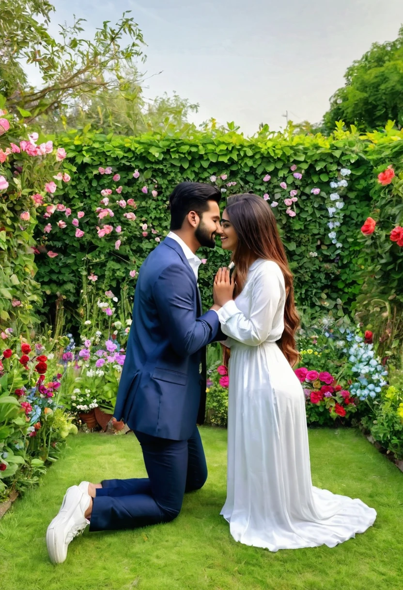 A man proposing a women in a garden, boy is on his knees and girl stand , proposing with flowers in one hand and in second hand there is ring hidden back, the name of boy shirt is Asad Khan, and the name of girl shirt is shahadat