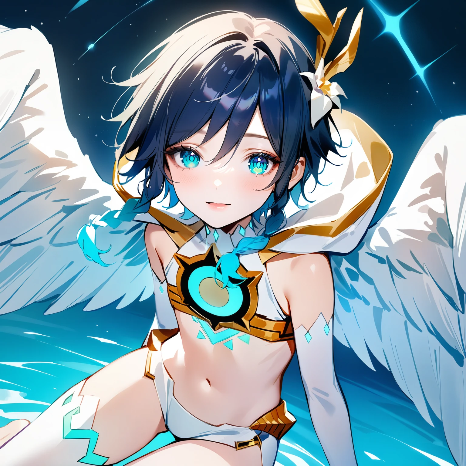 (masterpiece,best quality,4k,8k,absurdres:1.2),agahari,aoi nanase,((illustrated by carnelian)),sharp and clear, wide blue slit pupils, green eyes, perfect face, 1boy, flat chest,venti_\(archon\)_\(genshin_impact\),bare stomach,graceful,(face focus,detailed_eyes),gradient_hair,chest_tattoo,(thigh_tattoo left thigh),flirtatious,seductive,dsmile,large fluffy angel wings,otoko no ko, (white single_thighhigh right thigh),slim,slender,realistic:.35,flying,night sky,full moon,divine