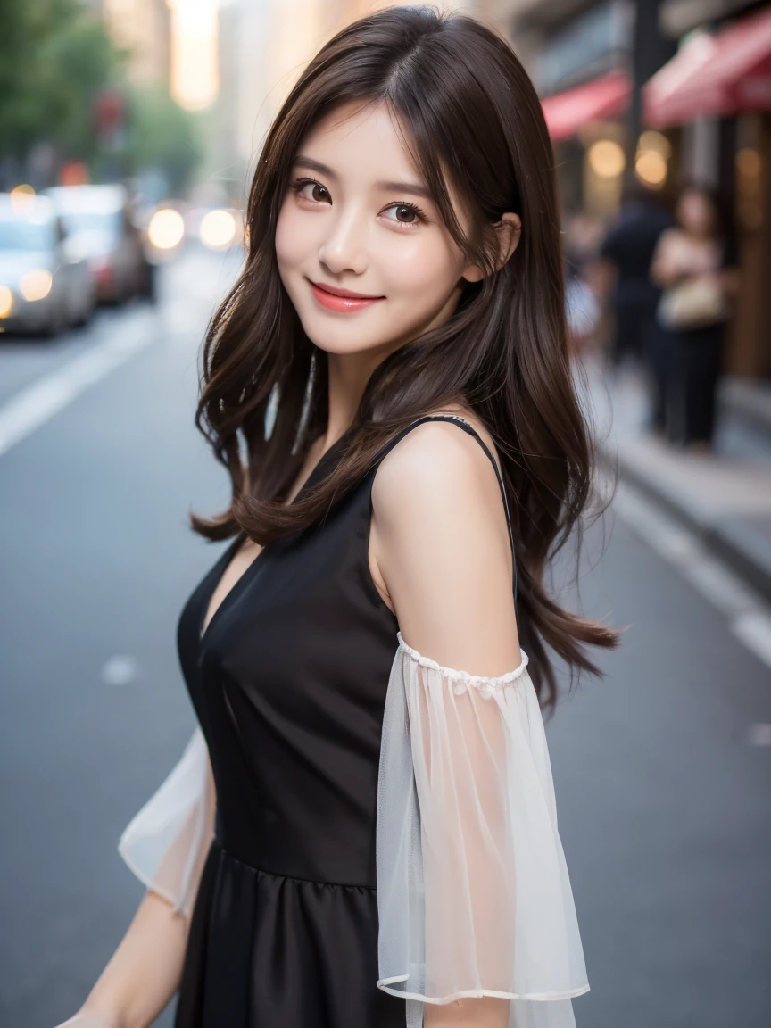 ((best quality, 8k, masterpiece :1.3)), 1 girl, smiling, whole body, face slimming, pretty Woman, (Dark brown hair), full length dress :1.1, Super detailed faces, delicate eyes, double eyelids, blurred background, face slimming, City, external, street, Random body orientation,