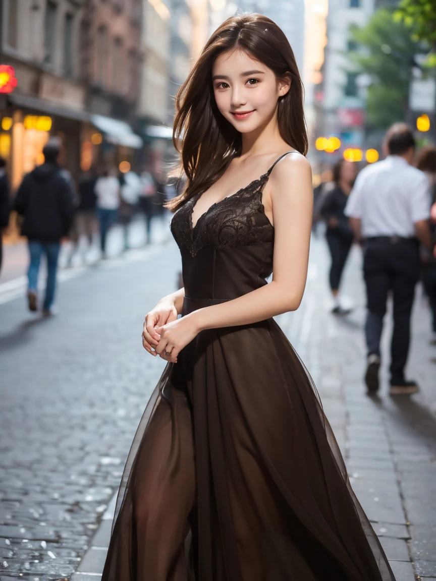 ((best quality, 8k, masterpiece :1.3)), 1 girl, smiling, whole body, face slimming, pretty Woman, (Dark brown hair), full length dress :1.1, Super detailed faces, delicate eyes, double eyelids, blurred background, face slimming, City, external, street, Random body orientation,