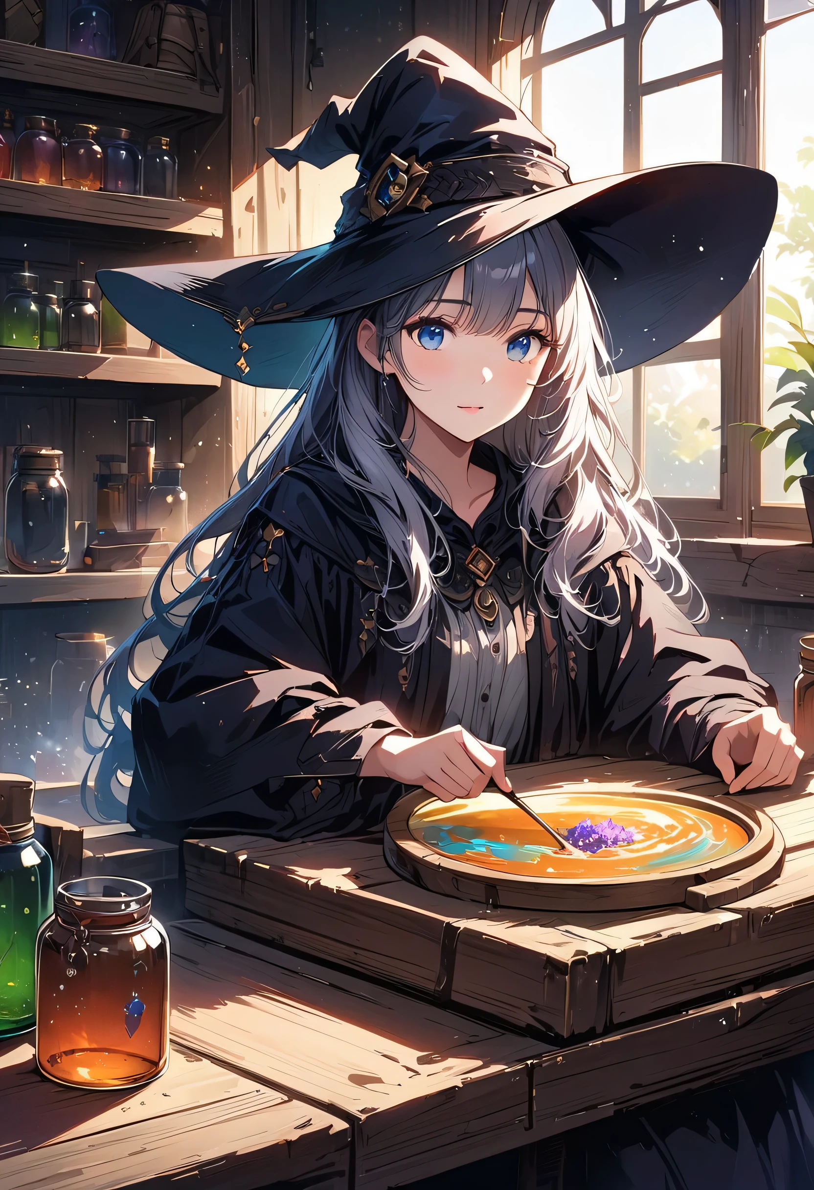 (Very detailedなCG、Unity、8k wallpaper)、(Very delicate and beautiful)、(masterpiece)、(Highest quality:1.0)、(超High resolution:1.0)、Beautiful lighting、Perfect Lightning、Realistic Shadows、[High resolution]、Detailed skin、Very detailed、Detailed face and eyes、Realistic eyes、blue eyes、Floats on water、Gray Hair、A beautiful anime-style illustration of a young witch in her alchemy room. The witch has long, flowing hair and is wearing a large, wide-brimmed hat adorned with intricate details. She is dressed in traditional witch attire with detailed patterns and symbols. She is carefully mixing potions with various colorful liquids in glass bottles on a wooden table. The room is filled with shelves holding various jars, bottles, and mystical ingredients. A black cat sits attentively beside her, watching her work. soft, warm sunlight filters through a large window, casting a gentle glow over the scene. Dust particles are visible in the light, adding to the magical atmosphere. The background is a rustic, wooden interior with a cozy and mystical ambiance.