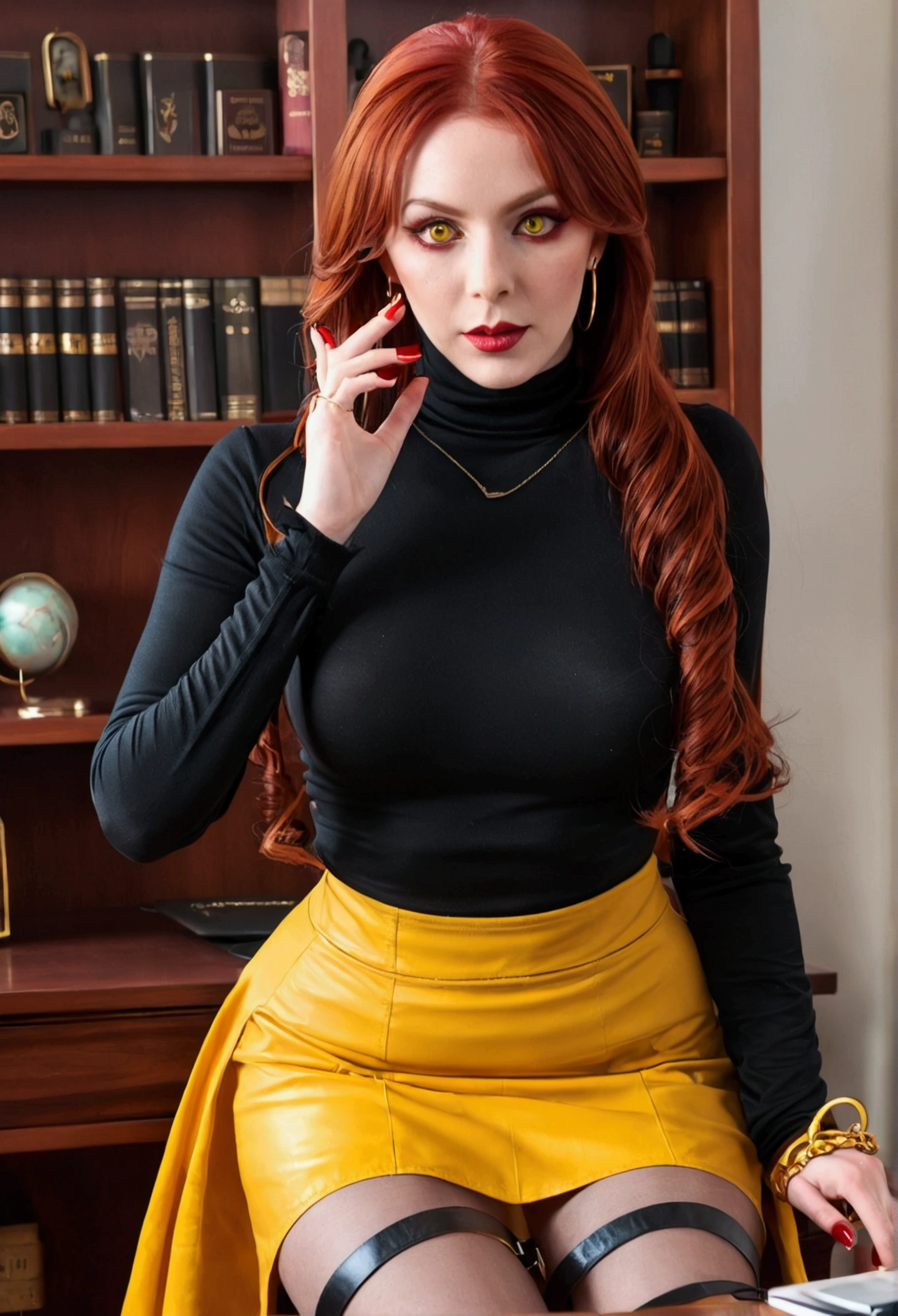 (best quality:1.4), assumi,BREAK,(red hair:1.3),(slicked long back hair:1.3),full lips, makeup, BREAK,( yellow eyes:1.4), choker, hoop rings, BREAK,(black turtleneck with long sleeve:1.3), big breasts,bracelets,(long fingernails:1.4), BREAK (leather red skirt:1.3), lace-pantyhose,high heels,sit behind desk,