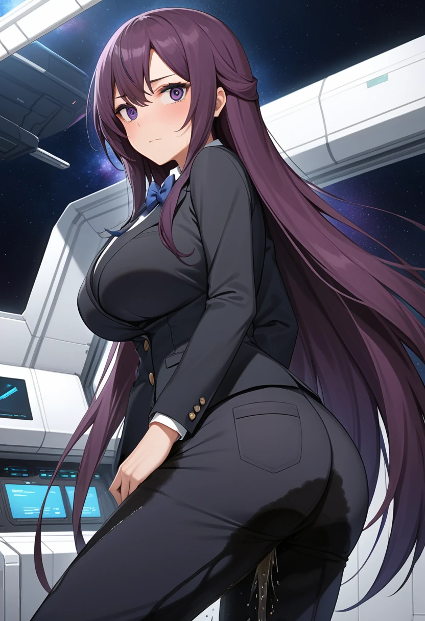 (high quality,Very detailed:1.37, High resolution), Woman, (:2.0), (Sakaki Yumiko:1.5), (very long hair:1.5), (dark purple hair:2.5), purple eyes, huge breastdo, necktie, (sunglasses:1.5), (pants:1.5), (wetting herself:2.0), standing, embarrassed, humiliation, (sanpaku eyes:1.5), (sweating:1.5), shaking, (trembling:1.5), (blushing:1.5), Meticulous details, (extremely detailed eyes:1.37), space station, interior, science fiction, futuristic