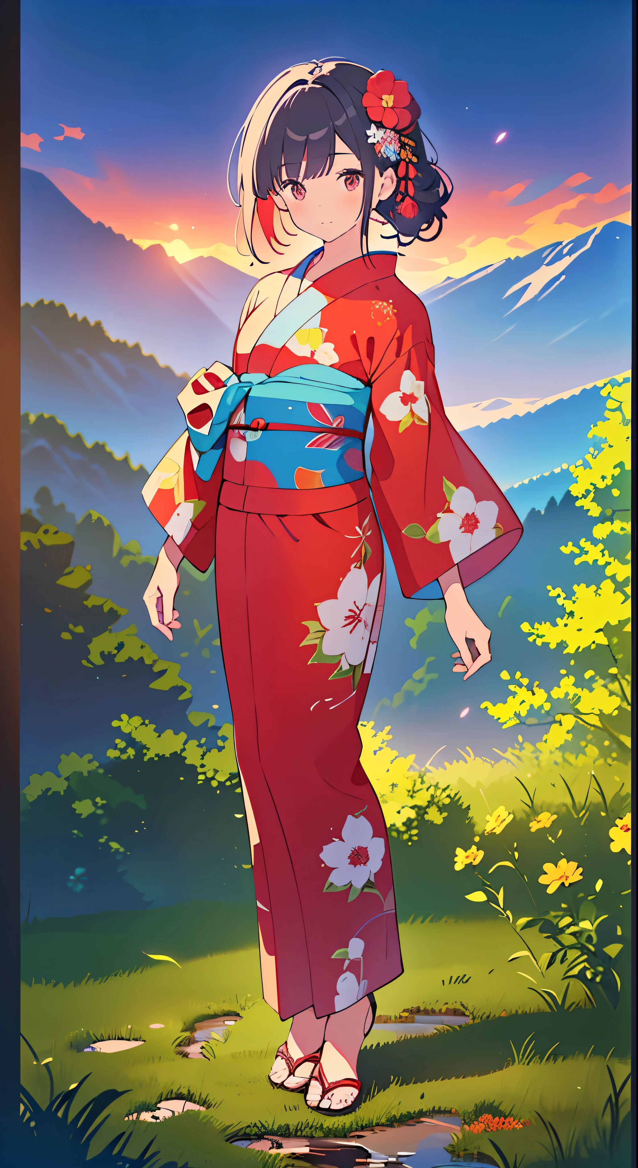 Highest quality、masterpiece、High resolution、1girl、Detailed face、(Full body high quality images:1.6)、In the moonlit forest、Mountains and Rivers、night、Firefly Light、Real、Rich in detail、(Red floral yukata:1.2)、(Beautiful body:1.4)、with high definition images，
