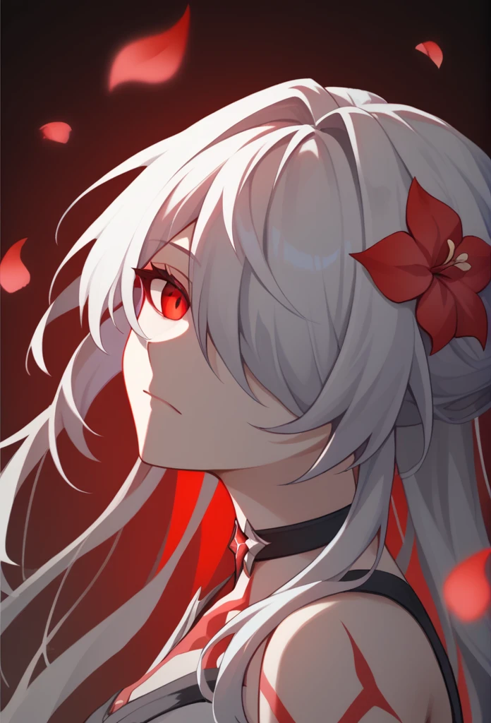 score_9,score_8_up,score_7_up,acheron_red, 1girl, solo, portrait, falling_petals, long_hair, white_hair, highres, black_choker, blood_from_eyes, body_markings, closed_mouth, hair_over_one_eye, looking_at_viewer, red_eyes, red_flower, simple_background