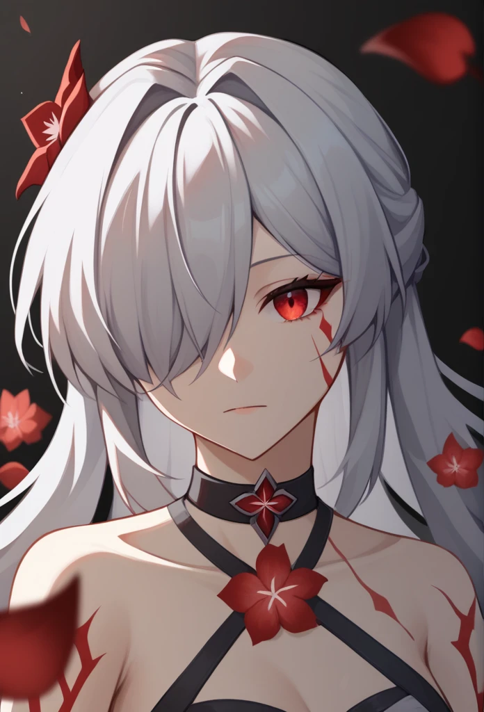 score_9,score_8_up,score_7_up,acheron_red, 1girl, solo, portrait, falling_petals, long_hair, white_hair, highres, black_choker, blood_from_eyes, body_markings, closed_mouth, hair_over_one_eye, looking_at_viewer, red_eyes, red_flower, simple_background