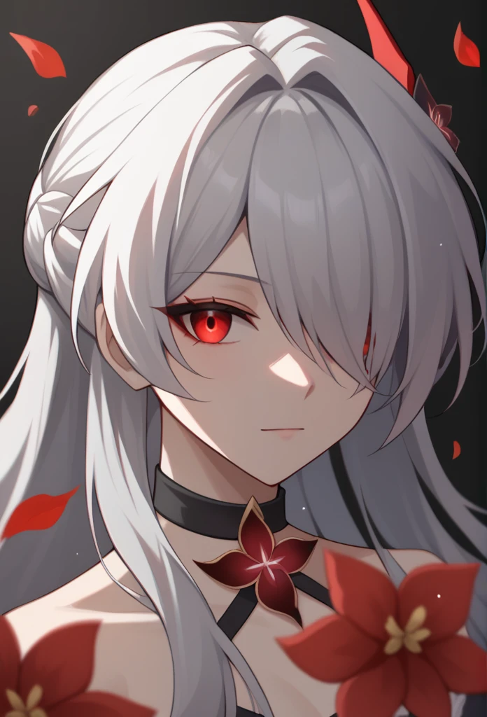 score_9,score_8_up,score_7_up,acheron_red, 1girl, solo, portrait, falling_petals, long_hair, white_hair, highres, black_choker, blood_from_eyes, body_markings, closed_mouth, hair_over_one_eye, looking_at_viewer, red_eyes, red_flower, simple_background