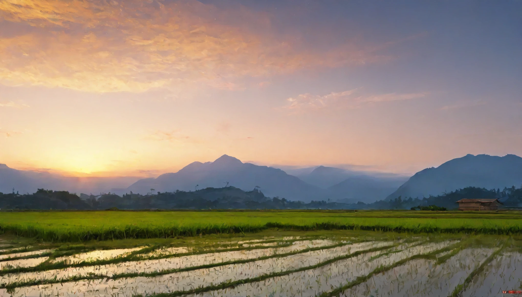 evening,Rural landscape,Azemichi,Paddy field,Highest quality, 8k, High resolution, masterpiece:1.2, Very detailed, Realistic:1.37, High resolution, 超High resolution, Very detailed, Professional, Vibrant colors
