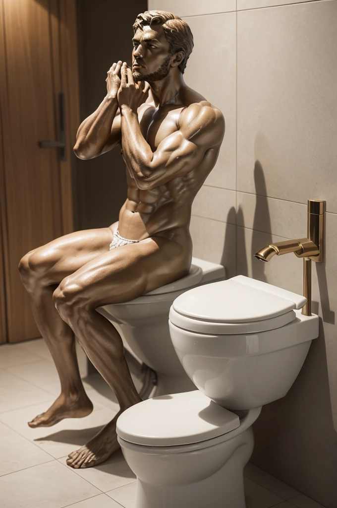 "Create a highly realistic image of Rodin's 'The Thinker' statue, but instead of sitting on a rock, place the statue on a modern, clean white toilet. The statue should maintain its thoughtful pose, with one hand on its chin and the other arm resting on its knee. Ensure the setting is a contemporary bathroom with tiled walls and a soft lighting that enhances the realism of the scene. Pay attention to the textures of the bronze statue, the porcelain toilet, and the bathroom surroundings to achieve a high level of detail and realism."