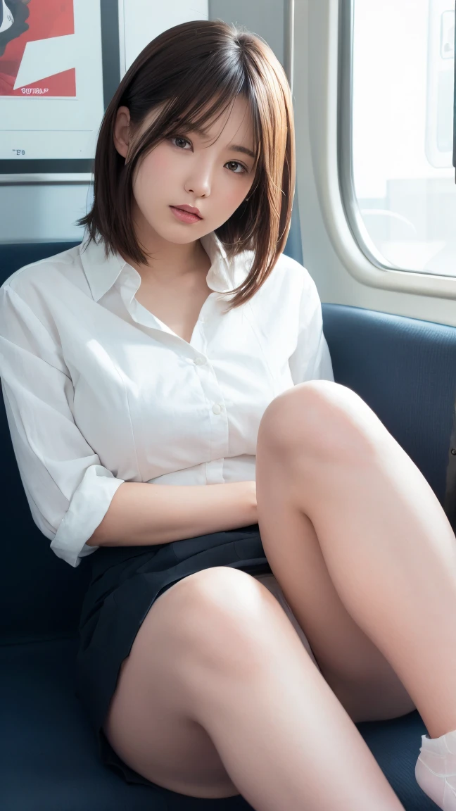 (white cloth), (Long-skirt:1.4), (White-Panty:1.275), ,,(Professional portrait, Professional Writing) ,masterpiece,最high quality,Realistic,8k,Official Art, Ultra-high resolution, ,,,Medium Hair,(Blonde gradient hair:1.02), 8k,high quality, Super detailed, 最high quality, Very detailed, beautiful , (Professional portrait, Professional Writing) ,masterpiece,最high quality,Realistic,8k,Official Art, Ultra-high resolution,, , Vivid and cute panty, , Straight bangs, Medium Hair、Shrine maiden, , , 、(Panties shown from the front:1.2),(Panty showing betweenlegs:1.2)、 Brown Hair、flight attendant、、, The background is inside a train , (Half-close your eyes:1.23), Sit with very good posture, Sit in your seat, Seated with correct posture, (Low-Angle:1.26), (Focus between legs:1.24), (legs properly aligned:1.11)