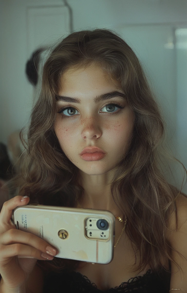 A 20 year old girl taking a selfie. . black fur ,black eyes , mestiza . 