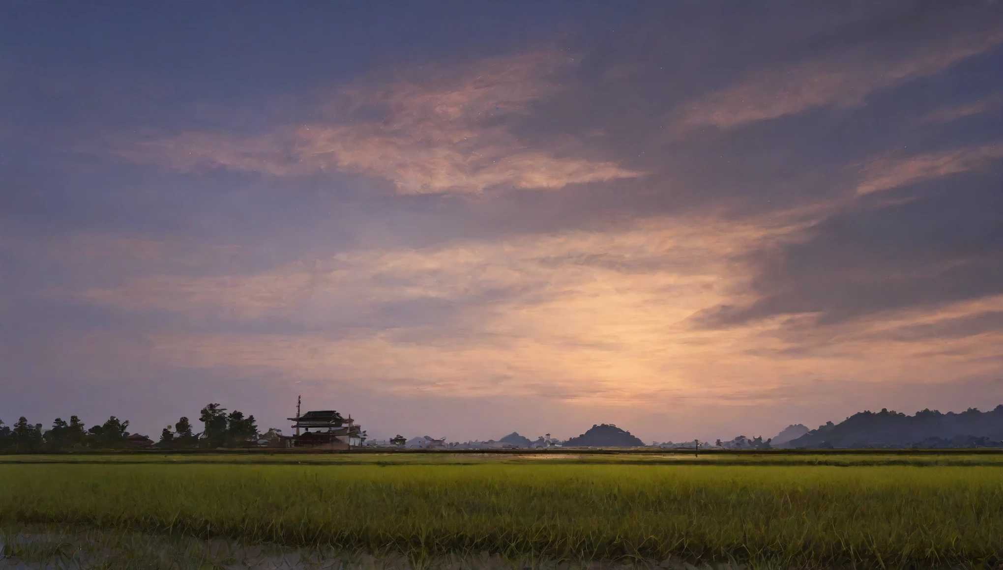 evening,Rural landscape,Azemichi,Paddy field,Highest quality, 8k, High resolution, masterpiece:1.2, Very detailed, Realistic:1.37, High resolution, 超High resolution, Very detailed, Professional, Vibrant colors
