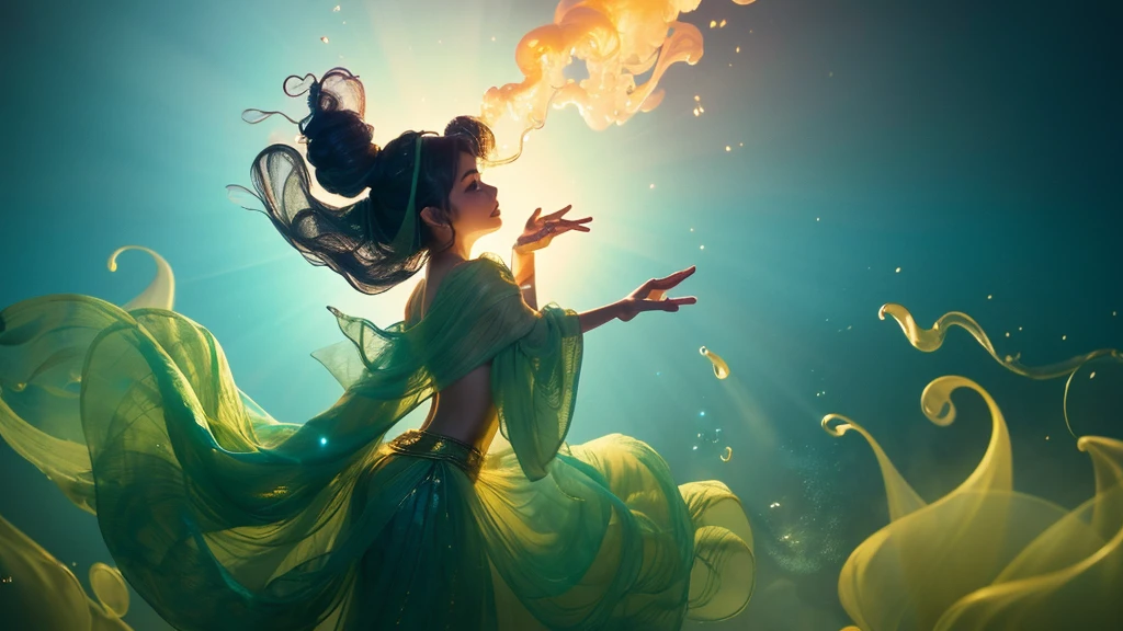 Hyperealistic masterpiece of a translucent mythical disneyesque genie made of wispy steam wearing a turban floating up from the spout of a magic genie's lamp. The steam rises from the spout of the lamp swirling high above and forming the iridescent figure of the genie. The genie is entirely made from thin swirling steam.