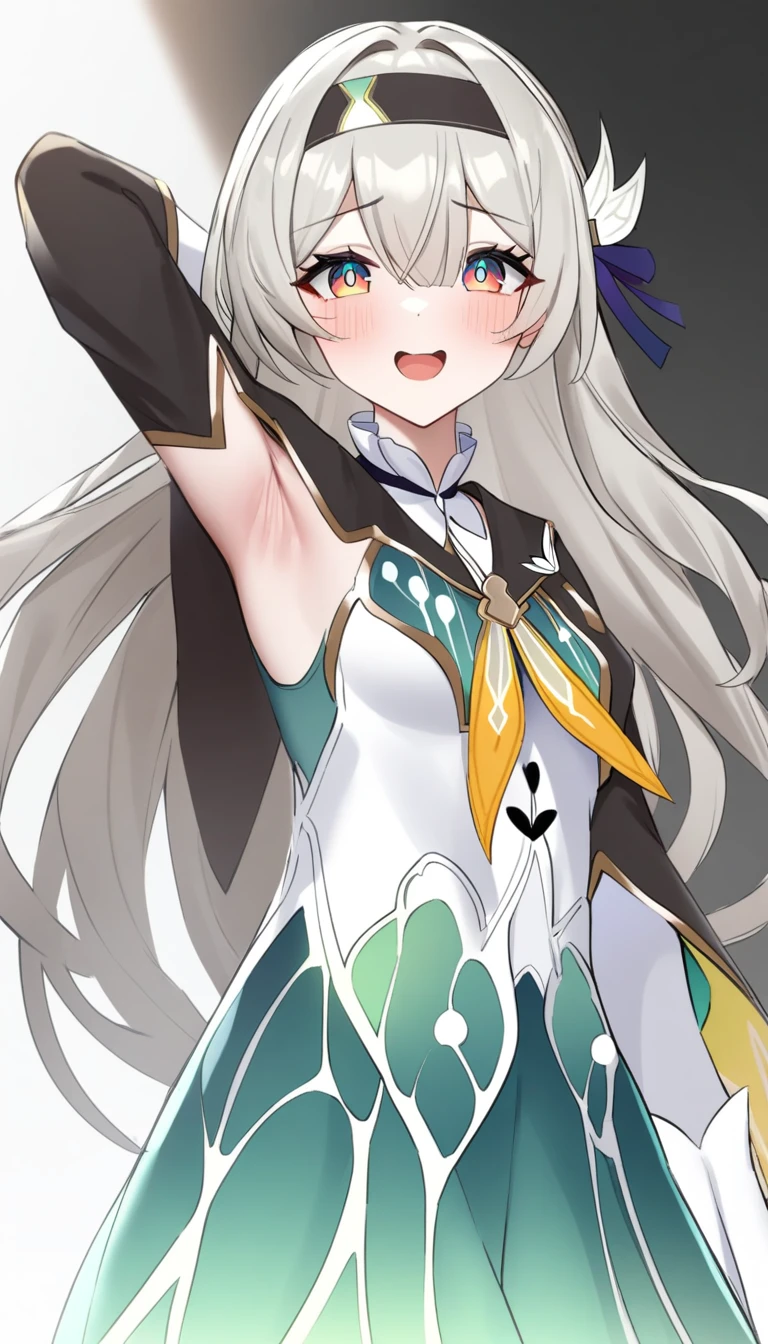16K,masterpiece,best quality,very aesthetic,absurdres,1girl, sorlor,blush,embarrassed ,(比基尼),breast, arm up,(armpit forcus),Drawn armpits,Plump Armpits,Thick armpits,shiny skin ,:or,firefly_\(hornkai:_star_rail\), lororking_at_viewer,white backgrorund