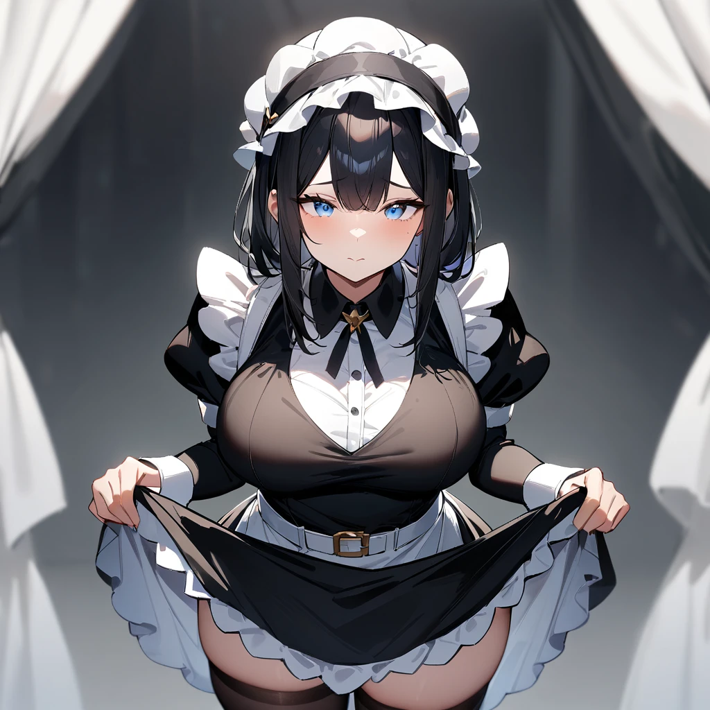 1girl,black hair,light blue eyes,blackdress,big breast,maidapron,(White mob cap),puffy_sleeves,maid_apron, belt,thighhighs,masterpiece, best quality, very aesthetic, absurdres,(lift:1.5),(straight-on)