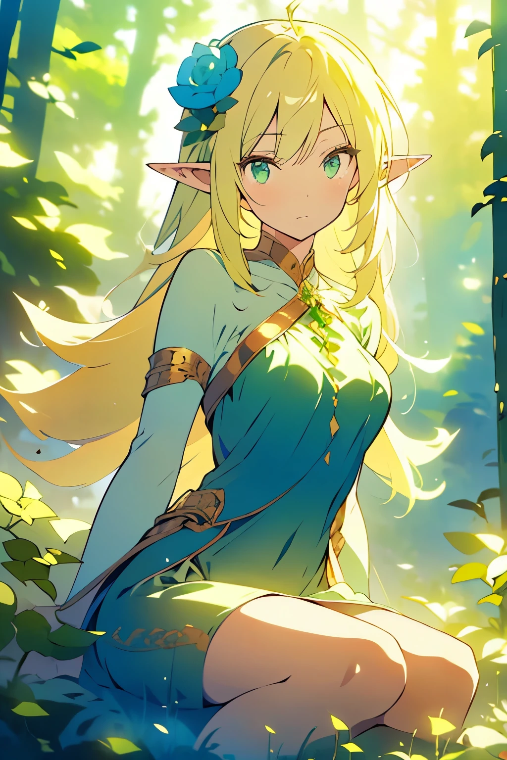 A woman, Elf, with long YELLOW/BLONDIE hair, green eyes, wearing green elegant dress, there is blue flower in her head, with serious on her face, posing looking at camera with her body turned around, elegant, beautiful, background is a mysterious forest but very beautiful place, HD picture, good AI art, NO BLUR PICTURE. 