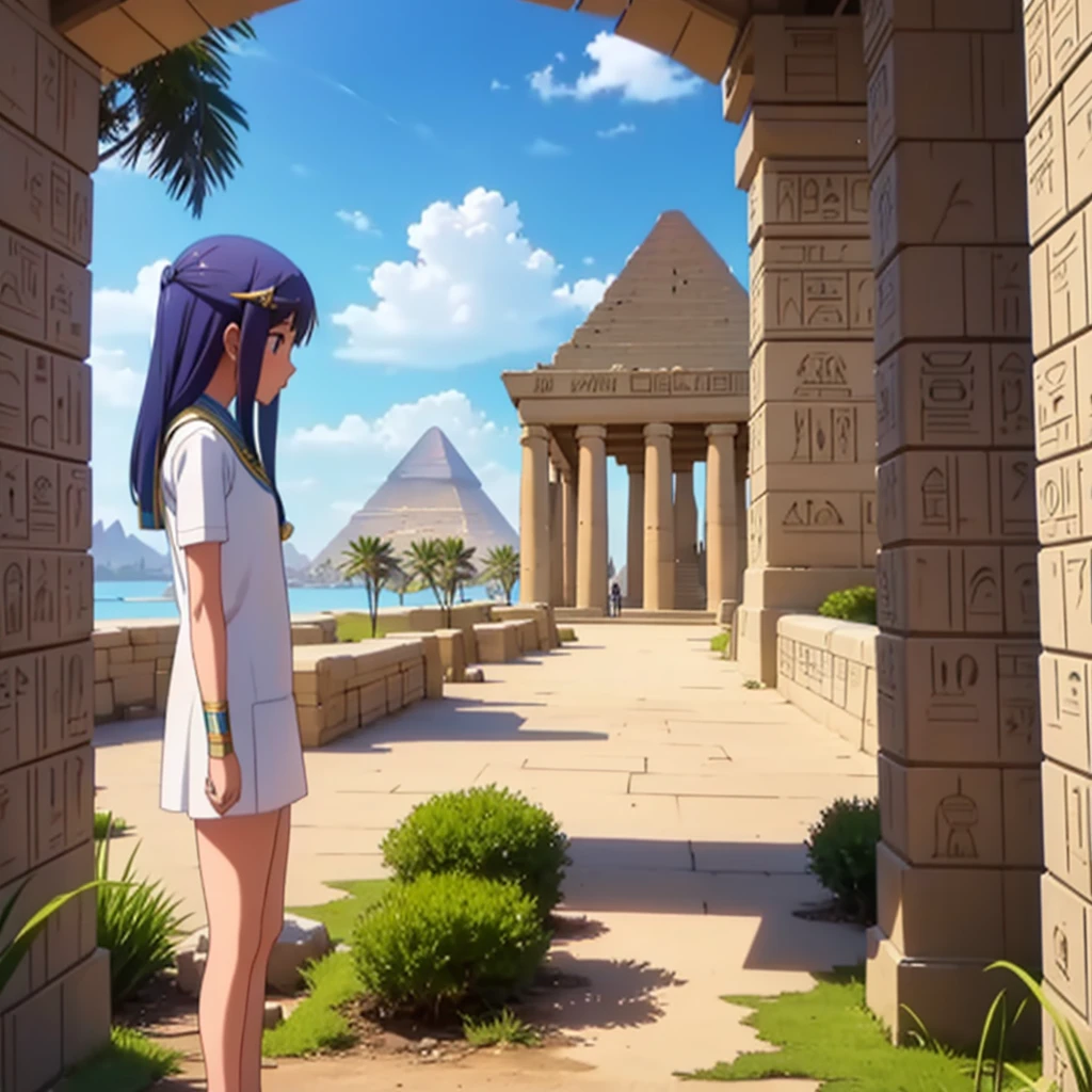 かわいいAncient Egyptの*******、Ancient Egypt、View of the Nile、A colorful view of the whole、whole body、Low - Angle、Standing posture、Reeds are growing、Ancient Egyptの船、Ancient Egyptの風景
