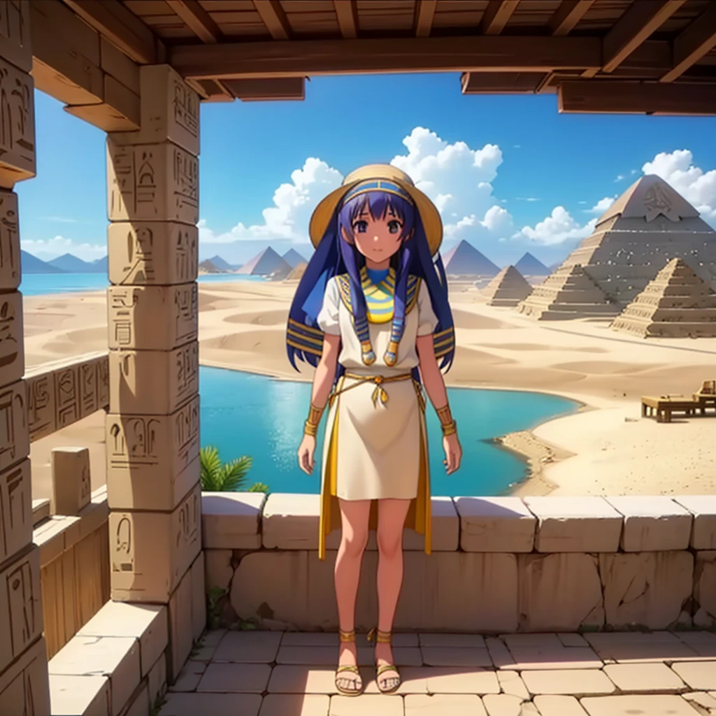 かわいいAncient Egyptの15歳の女の子、Ancient Egypt、View of the Nile、A colorful view of the whole、whole body、Low - Angle、Standing posture、Reeds are growing、Ancient Egyptの船、Ancient Egyptの風景
