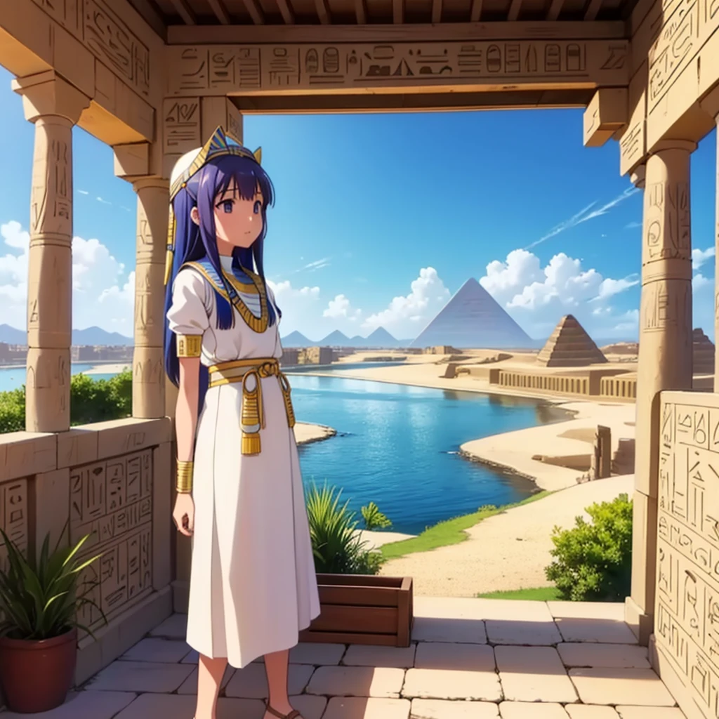 かわいいAncient Egyptの*******、Ancient Egypt、View of the Nile、A colorful view of the whole、whole body、Low - Angle、Standing posture、Reeds are growing、Ancient Egyptの船、Ancient Egyptの風景
