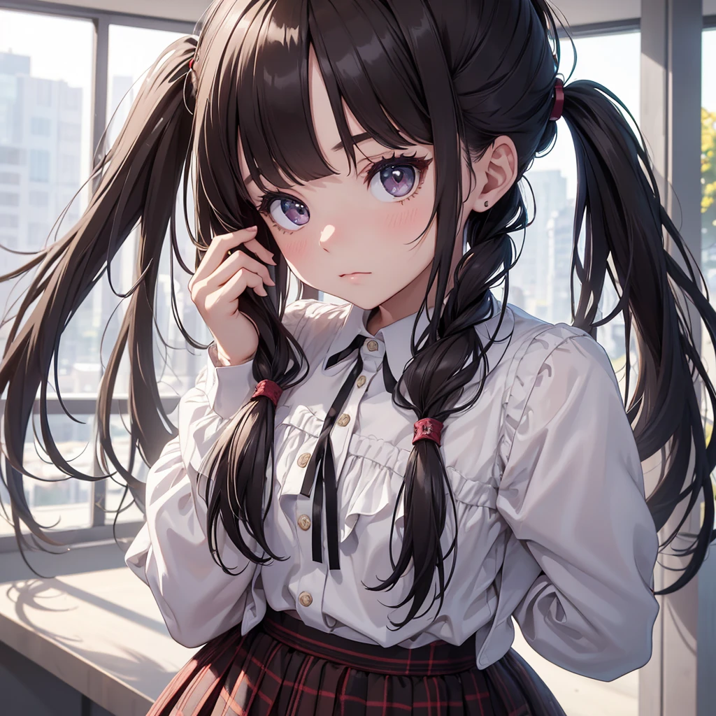 (8K, Best Quality, Masterpiece, Ultra High Resolution) 1Girl, Young, , High School Student, Beautiful Eyes, Face Details, Dark Hair, Long Hair, Pigtails, Hazel Eyes, Pale Skin, Dainty, Cute, Blouse, Plaid Skirt, Dark Outside, Best Quality, Upper Body, Looking at the Viewer, Facing Viewer, Close Up